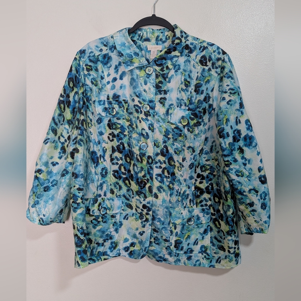 Chico's Blue Green‎ Cheetah Print Button Front Crop Sleeve Lightweight Jacket